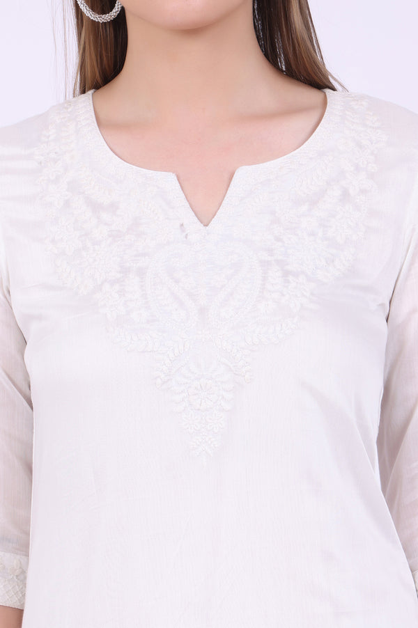 White Embroidered Pure Cotton Straight Kurta with Palazzos & Dupatta Set