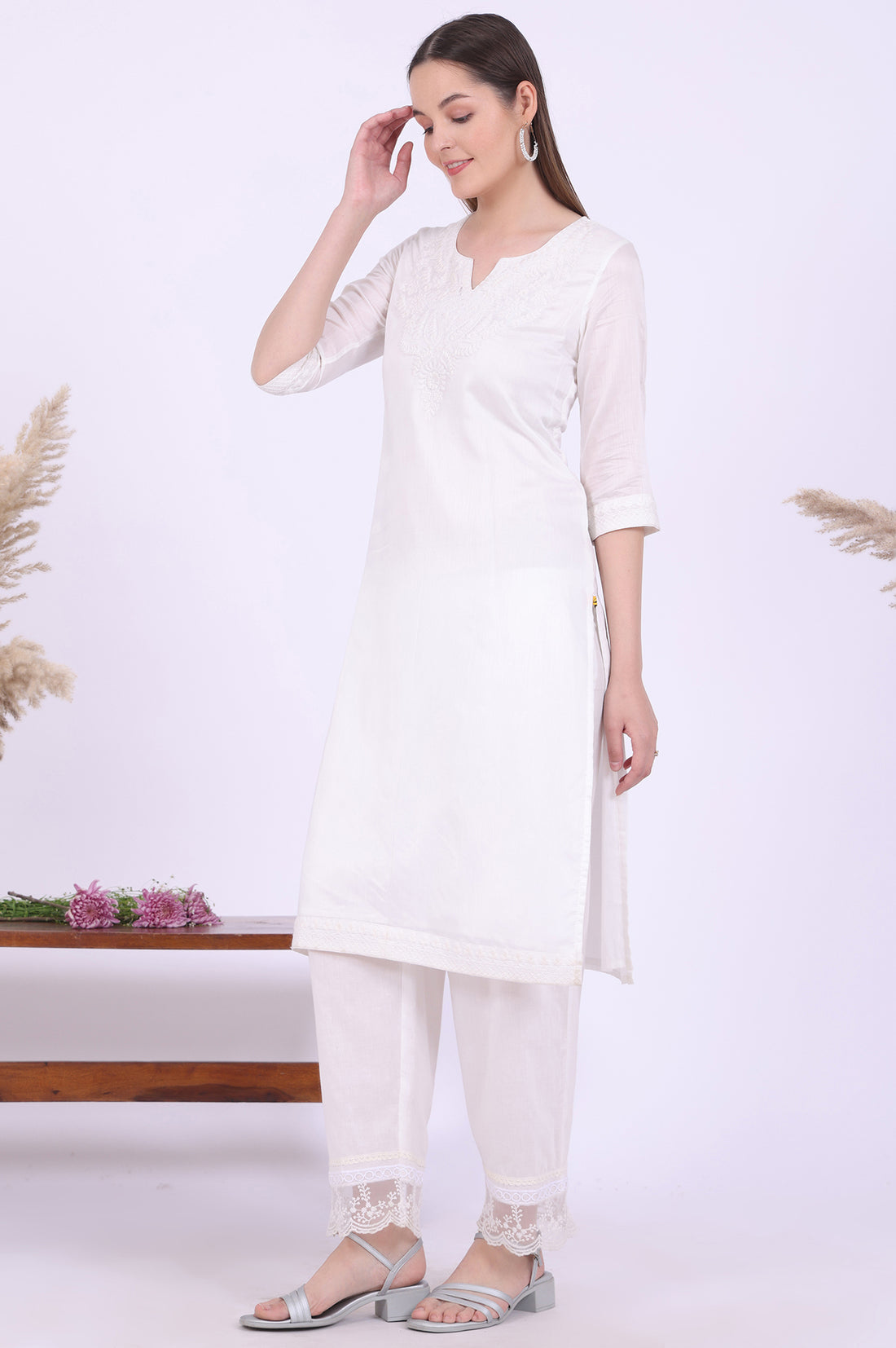 White Embroidered Pure Cotton Straight Kurta with Palazzos &amp; Dupatta Set