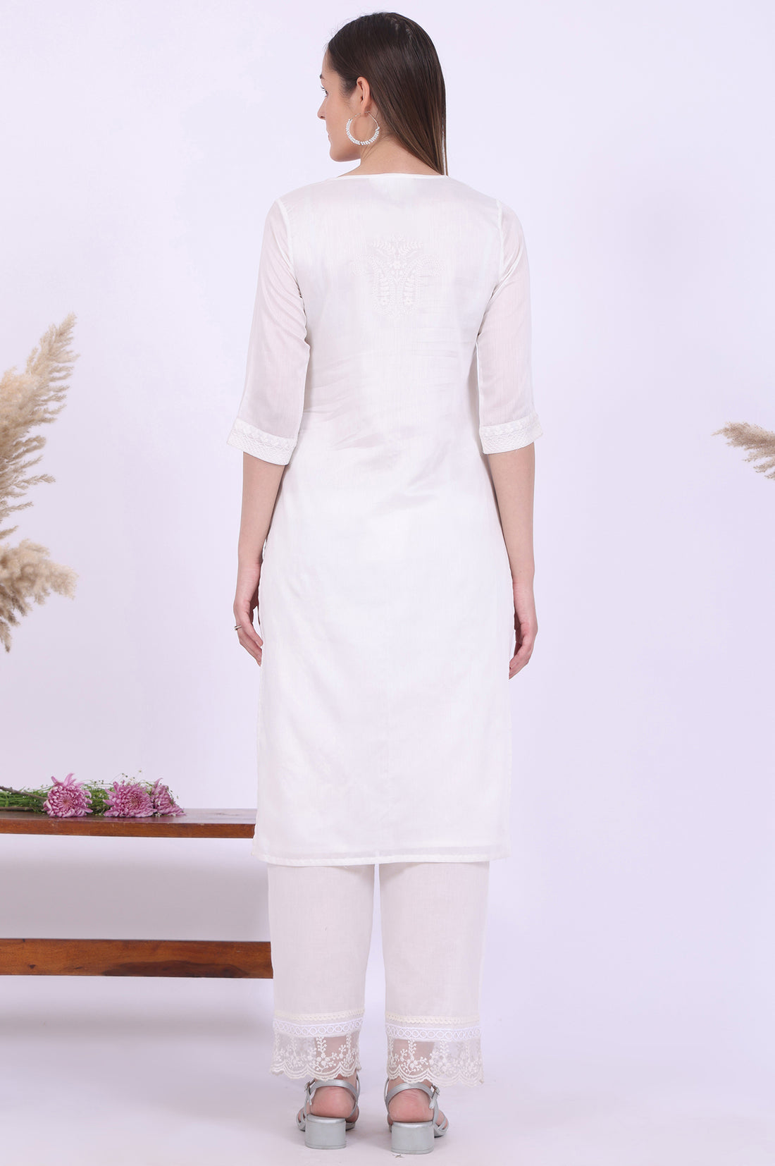 White Embroidered Pure Cotton Straight Kurta with Palazzos &amp; Dupatta Set