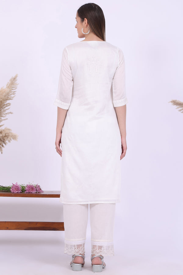 White Embroidered Pure Cotton Straight Kurta with Palazzos & Dupatta Set
