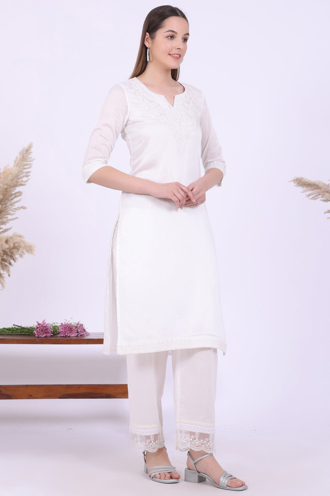 White Embroidered Pure Cotton Straight Kurta with Palazzos &amp; Dupatta Set
