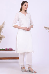 White Embroidered Pure Cotton Straight Kurta with Palazzos &amp; Dupatta Set