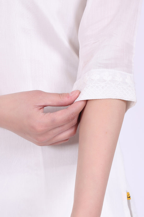 White Embroidered Pure Cotton Straight Kurta with Palazzos & Dupatta Set