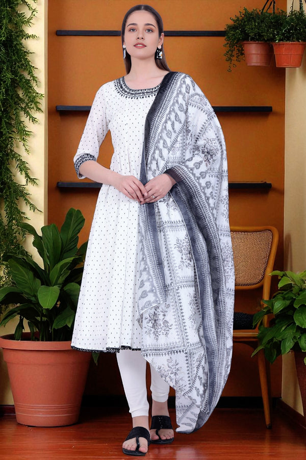 White Yarn Dyed Pure Cotton Anarkali with Leggings & Dupatta Set
