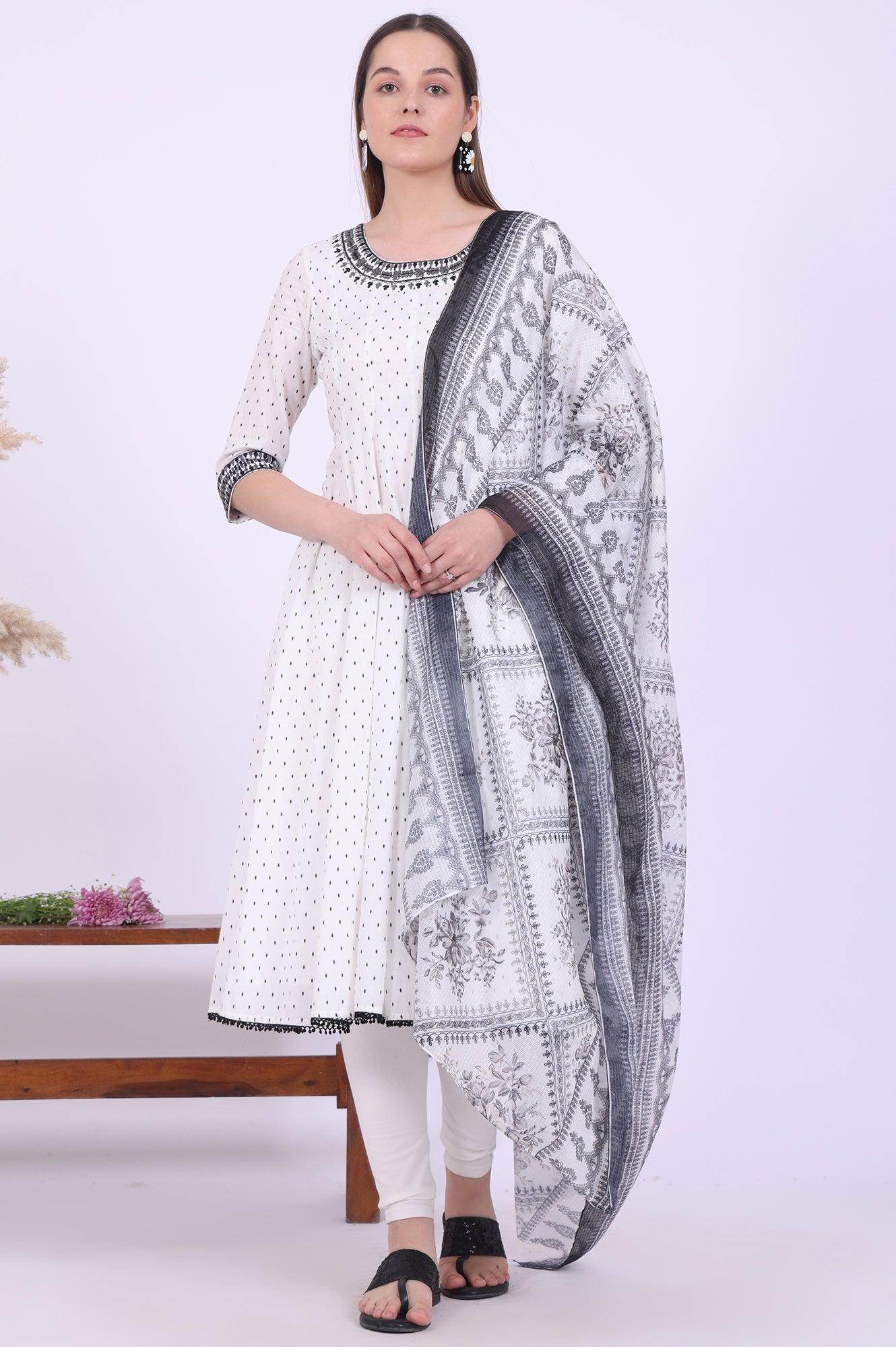 White Yarn Dyed Pure Cotton Anarkali with Leggings &amp; Dupatta Set