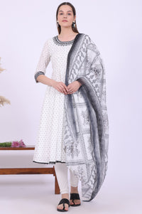 White Yarn Dyed Pure Cotton Anarkali with Leggings &amp; Dupatta Set