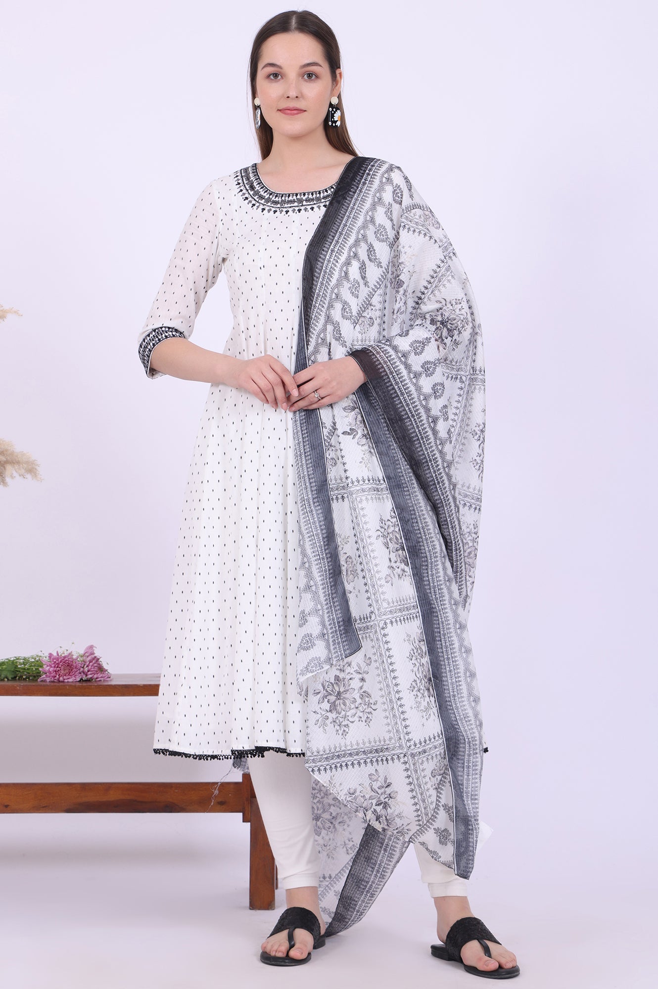 White Yarn Dyed Pure Cotton Anarkali with Leggings &amp; Dupatta Set