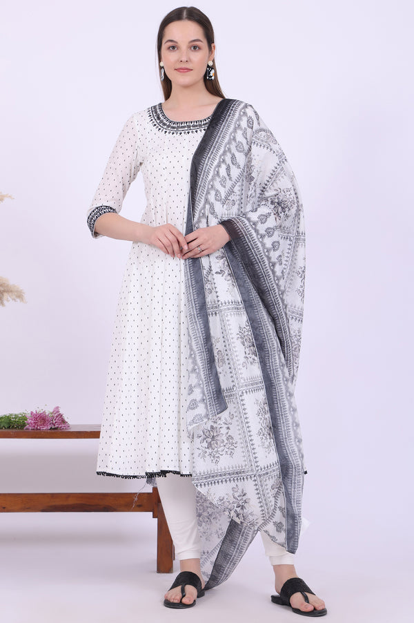 White Yarn Dyed Pure Cotton Anarkali with Leggings & Dupatta Set