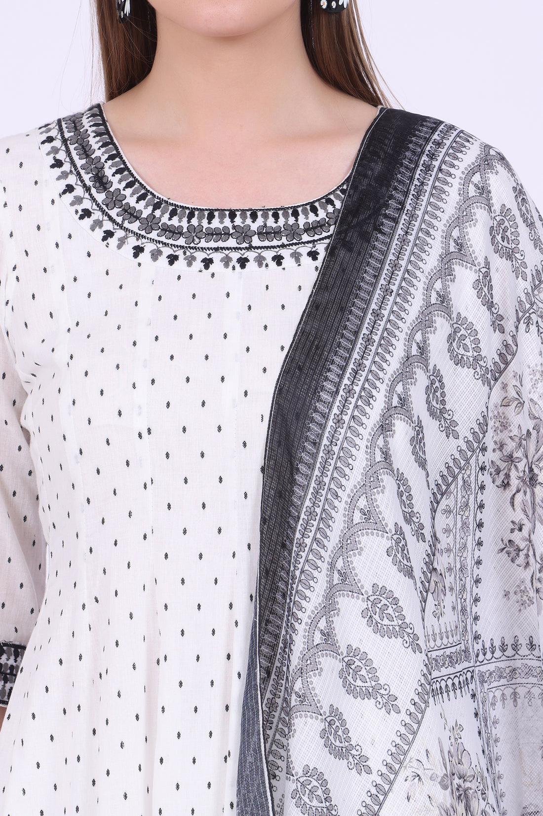 White Yarn Dyed Pure Cotton Anarkali with Leggings &amp; Dupatta Set