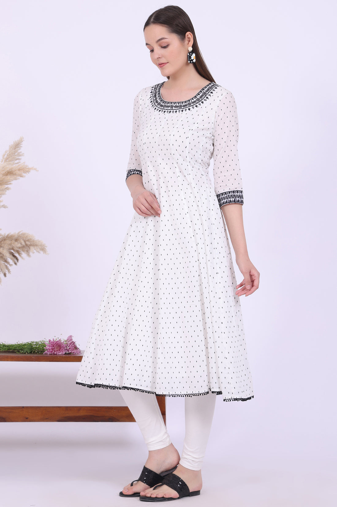 White Yarn Dyed Pure Cotton Anarkali with Leggings &amp; Dupatta Set