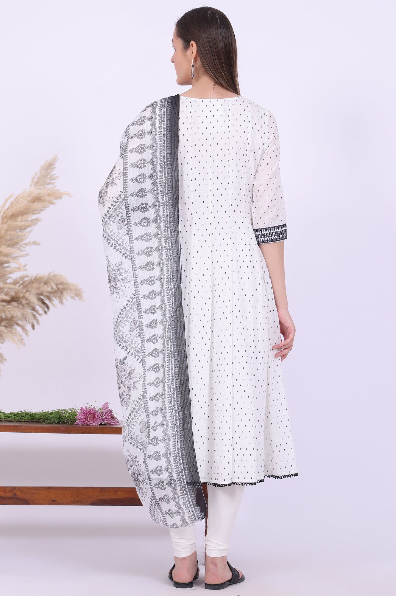 White Yarn Dyed Pure Cotton Anarkali with Leggings &amp; Dupatta Set