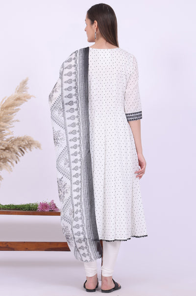 White Yarn Dyed Pure Cotton Anarkali with Leggings & Dupatta Set