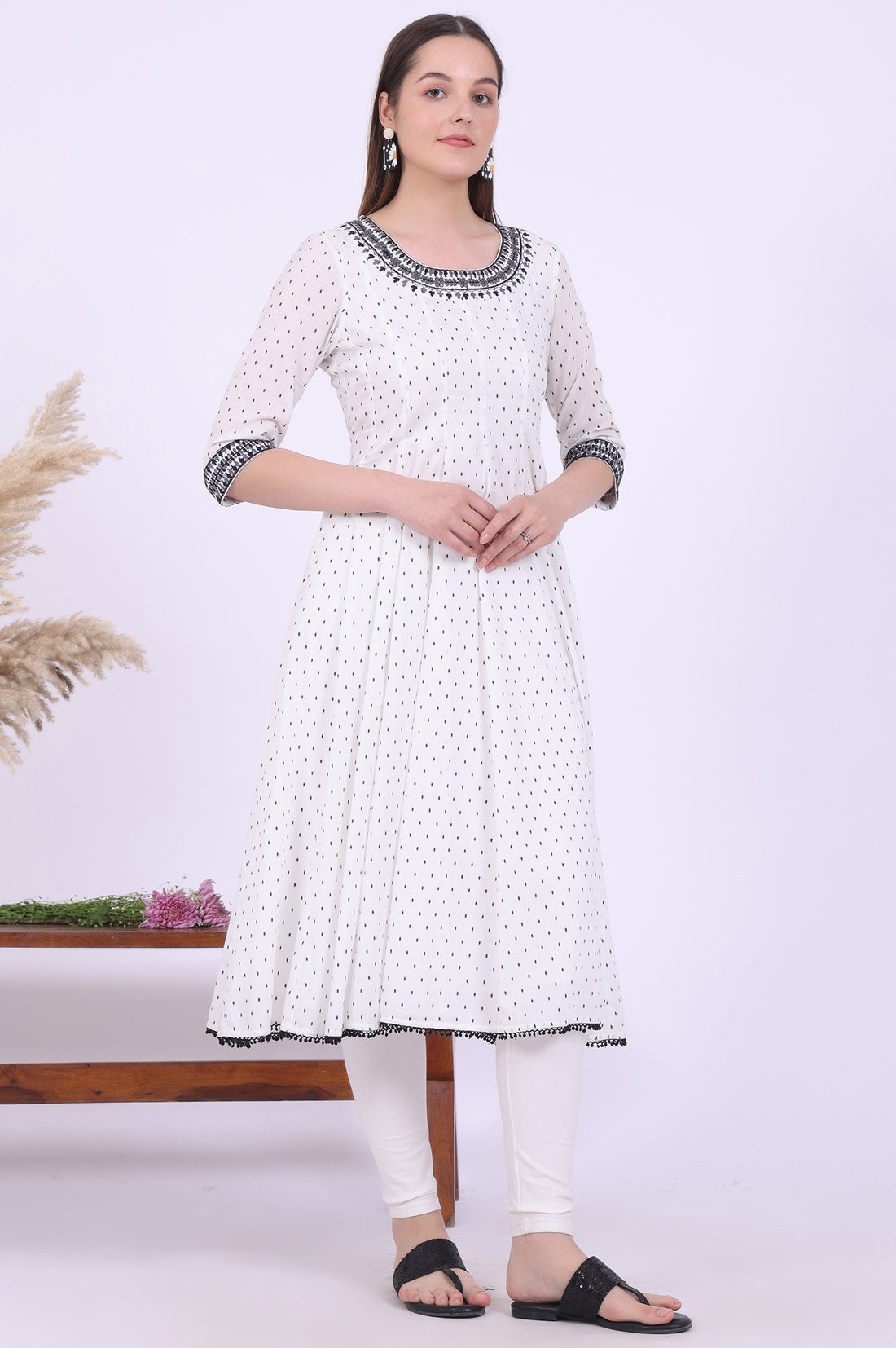 White Yarn Dyed Pure Cotton Anarkali with Leggings &amp; Dupatta Set