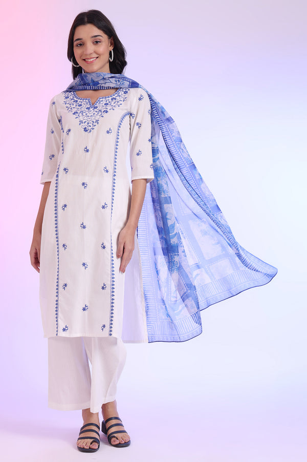 White Embroidered Pure Cotton Straight Kurta with Palazzos & Dupatta Set
