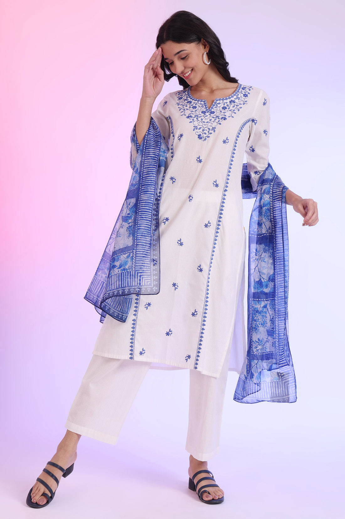 White Embroidered Pure Cotton Straight Kurta with Palazzos &amp; Dupatta Set