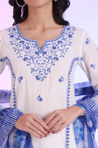 White Embroidered Pure Cotton Straight Kurta with Palazzos &amp; Dupatta Set