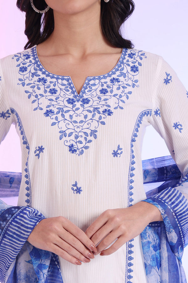 White Embroidered Pure Cotton Straight Kurta with Palazzos & Dupatta Set