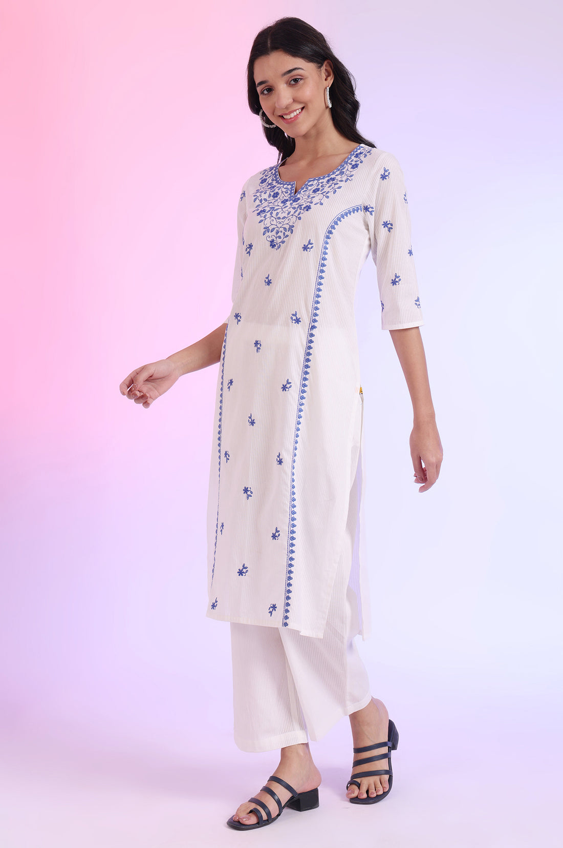 White Embroidered Pure Cotton Straight Kurta with Palazzos &amp; Dupatta Set