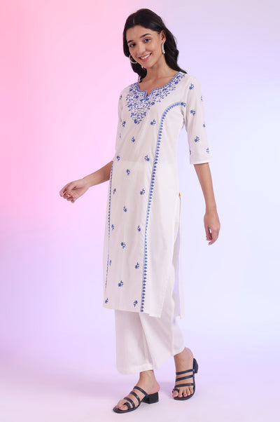 White Embroidered Pure Cotton Straight Kurta with Palazzos & Dupatta Set
