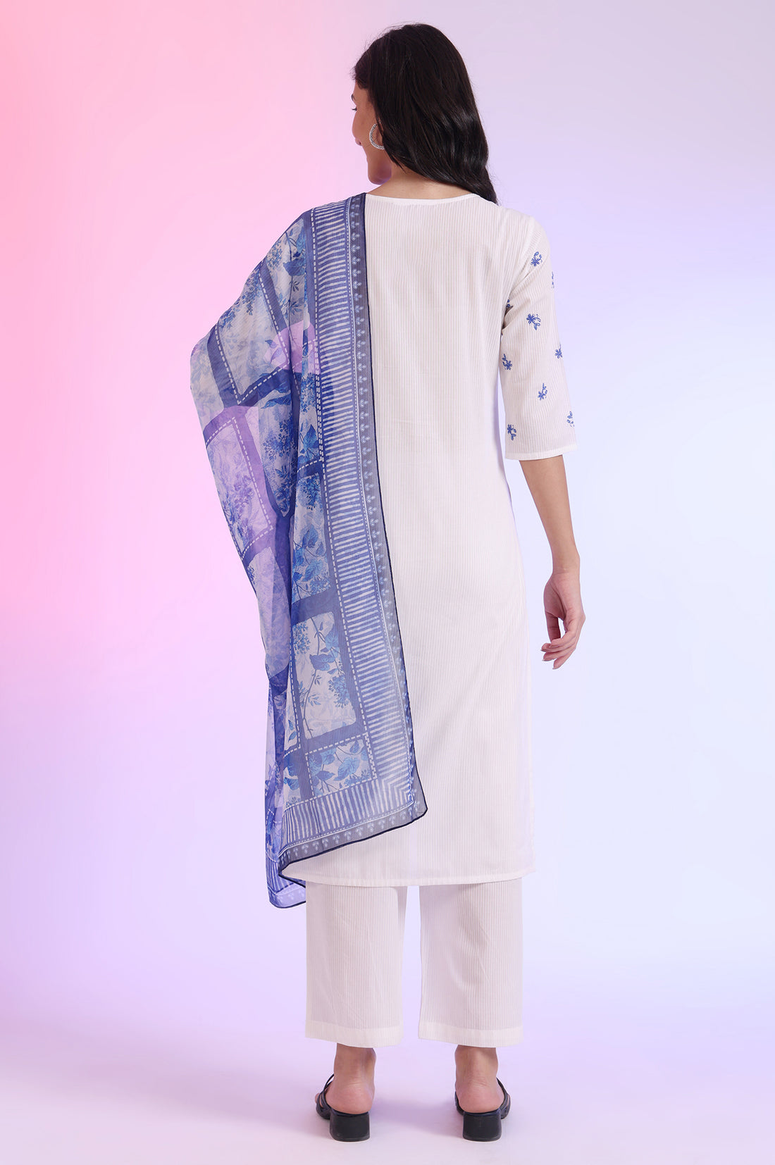 White Embroidered Pure Cotton Straight Kurta with Palazzos &amp; Dupatta Set