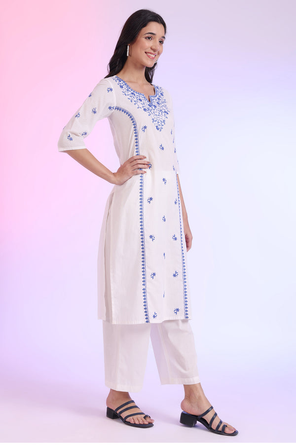 White Embroidered Pure Cotton Straight Kurta with Palazzos & Dupatta Set
