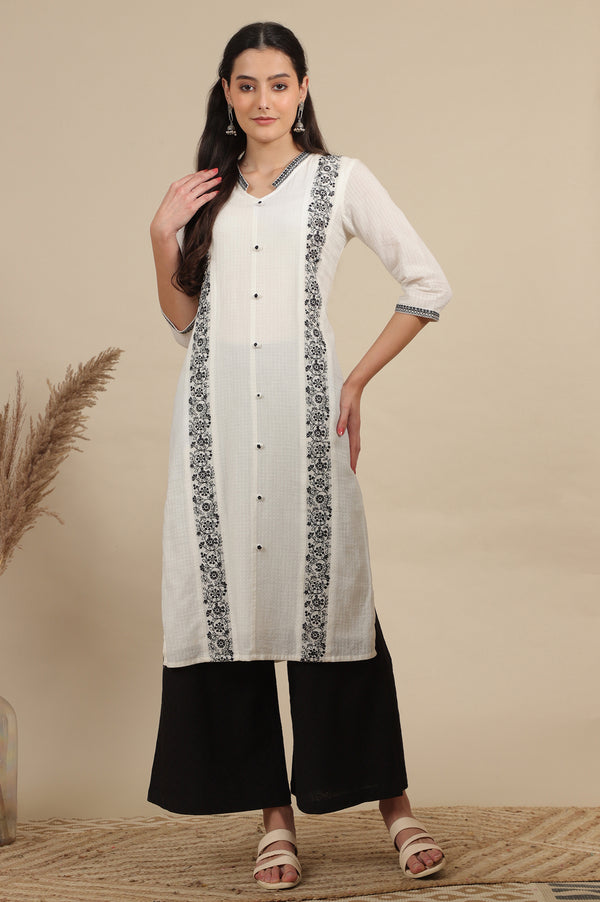 White Thread Embroidered Pure Cotton Straight Kurta and Pflared Palazzo Set