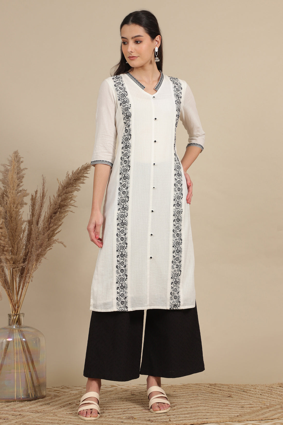 White Thread Embroidered Pure Cotton Straight Kurta and Pflared Palazzo Set