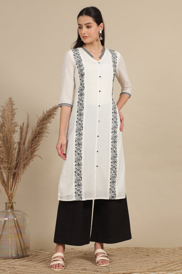 White Thread Embroidered Pure Cotton Straight Kurta and Pflared Palazzo Set
