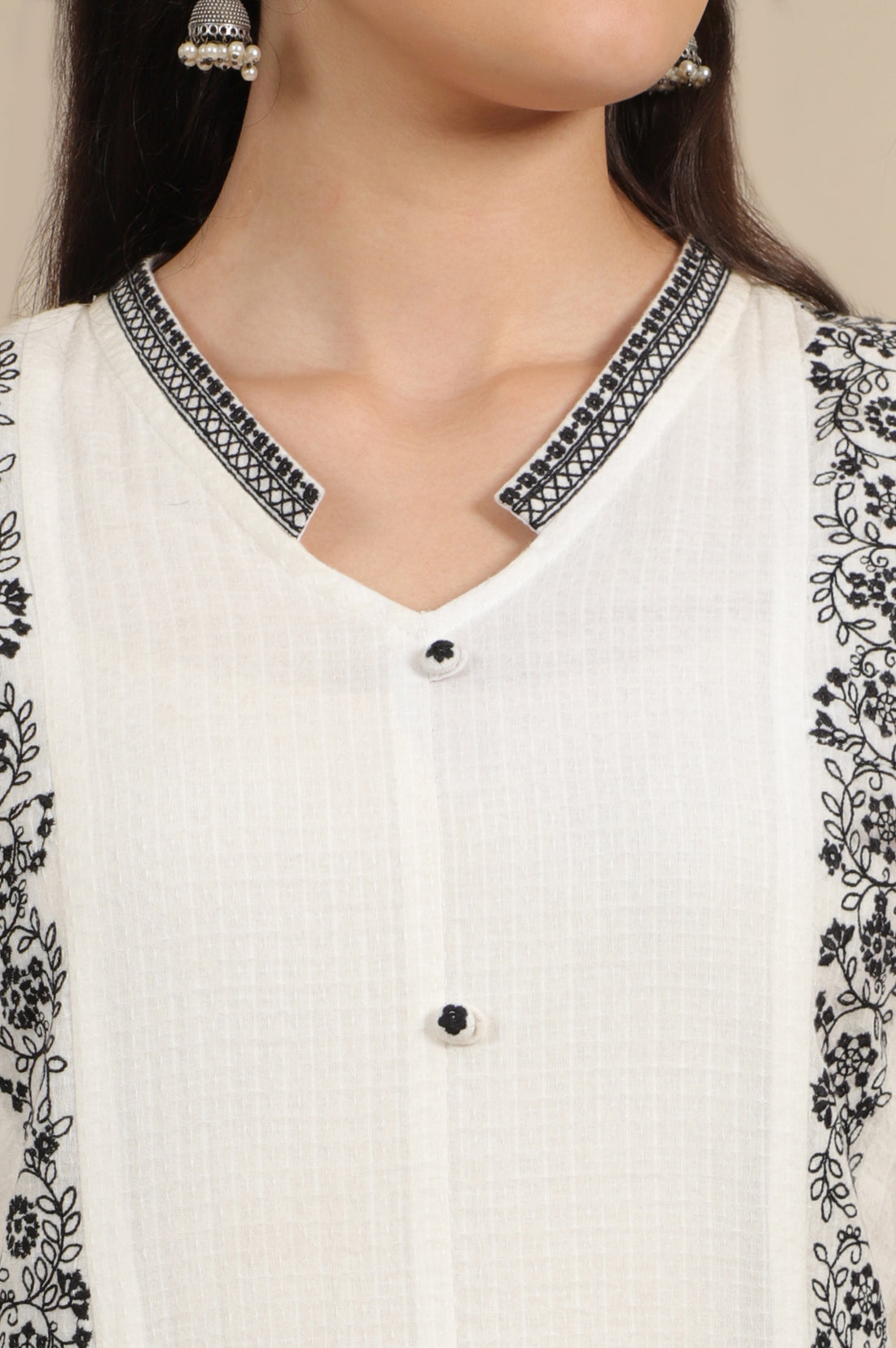 White Thread Embroidered Pure Cotton Straight Kurta and Pflared Palazzo Set