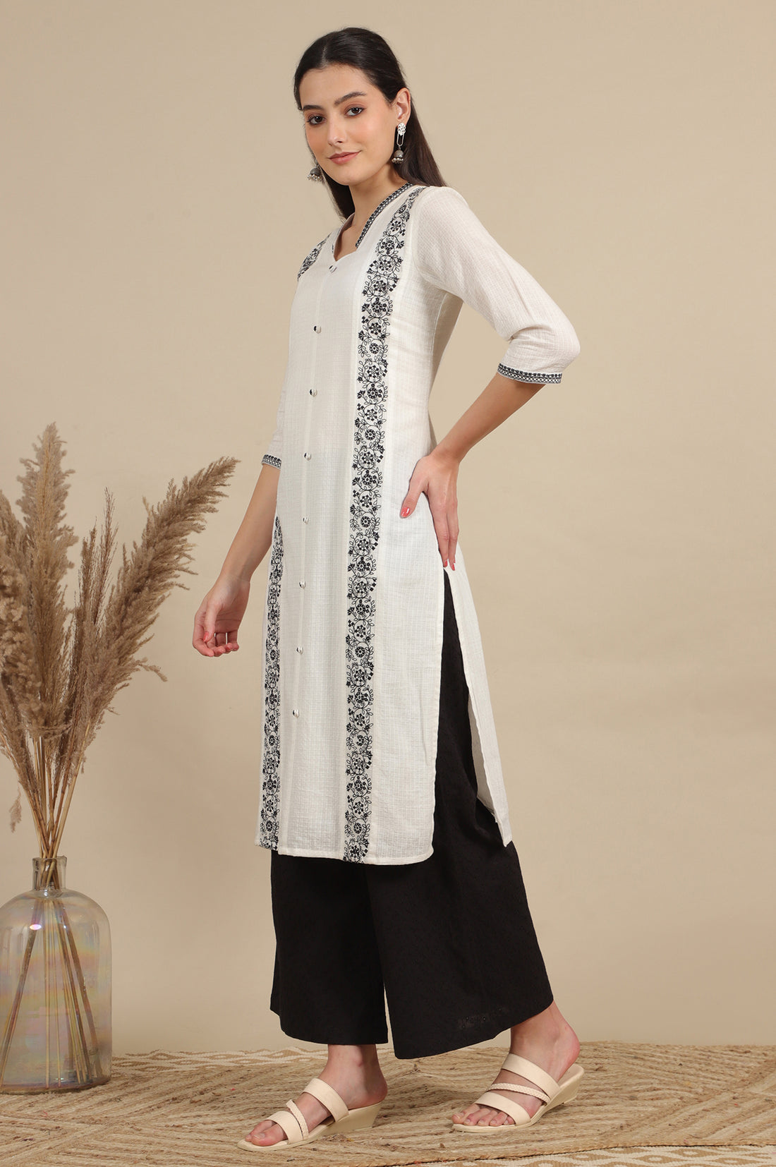 White Thread Embroidered Pure Cotton Straight Kurta and Pflared Palazzo Set