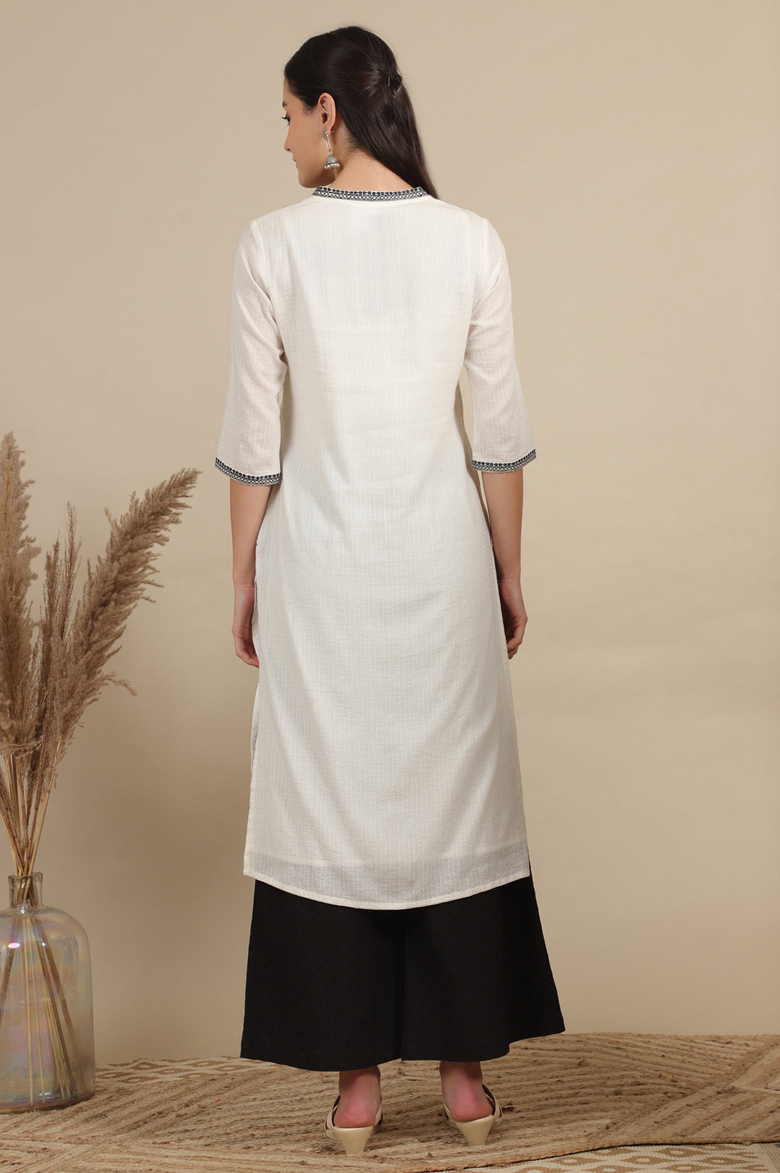 White Thread Embroidered Pure Cotton Straight Kurta and Pflared Palazzo Set