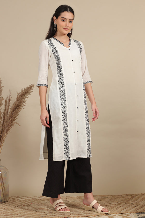 White Thread Embroidered Pure Cotton Straight Kurta and Pflared Palazzo Set