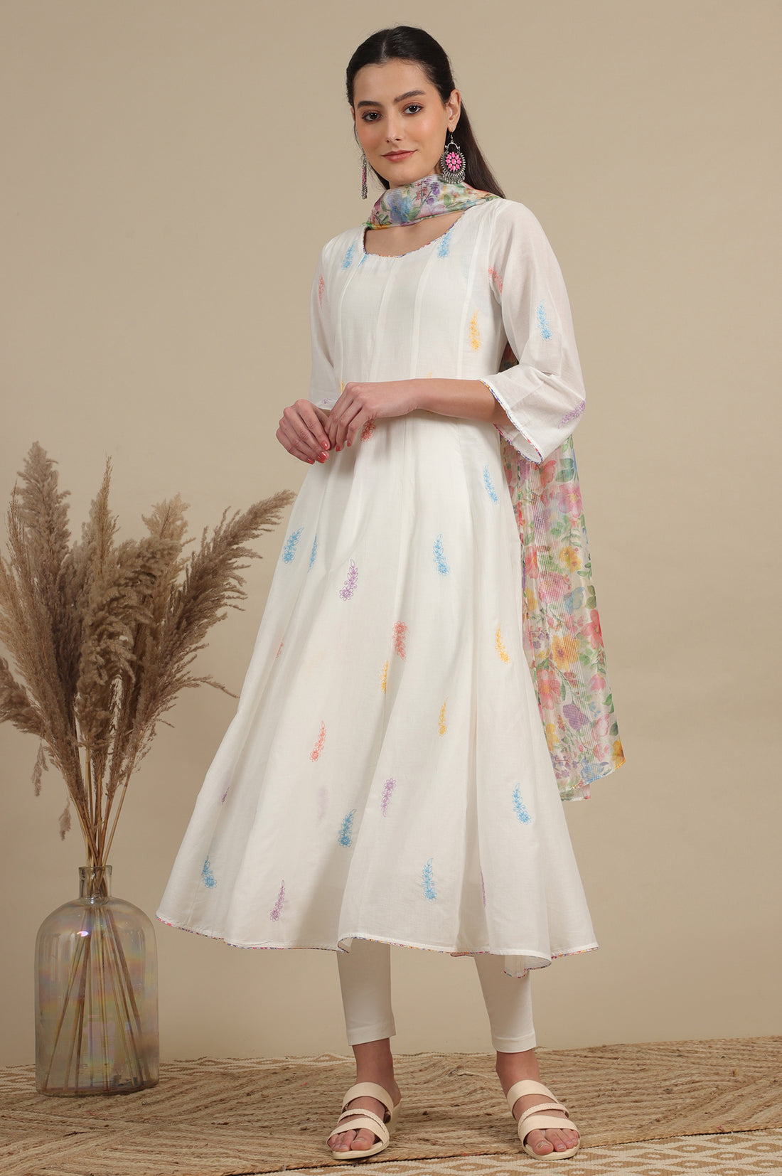 White Floral Thread Embroidered Pure Cotton Anarkali Kurta, Leggings and Dupatta Set