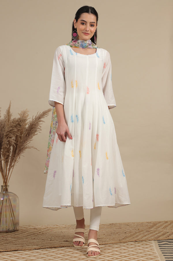White Floral Thread Embroidered Pure Cotton Anarkali Kurta, Leggings and Dupatta Set