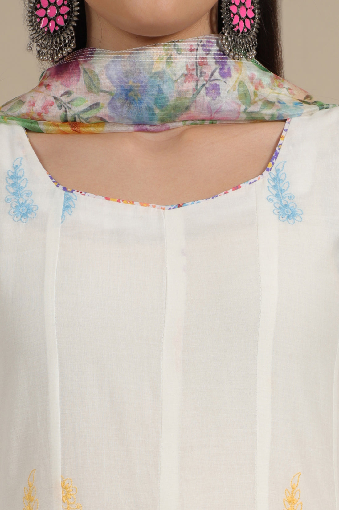 White Floral Thread Embroidered Pure Cotton Anarkali Kurta, Leggings and Dupatta Set