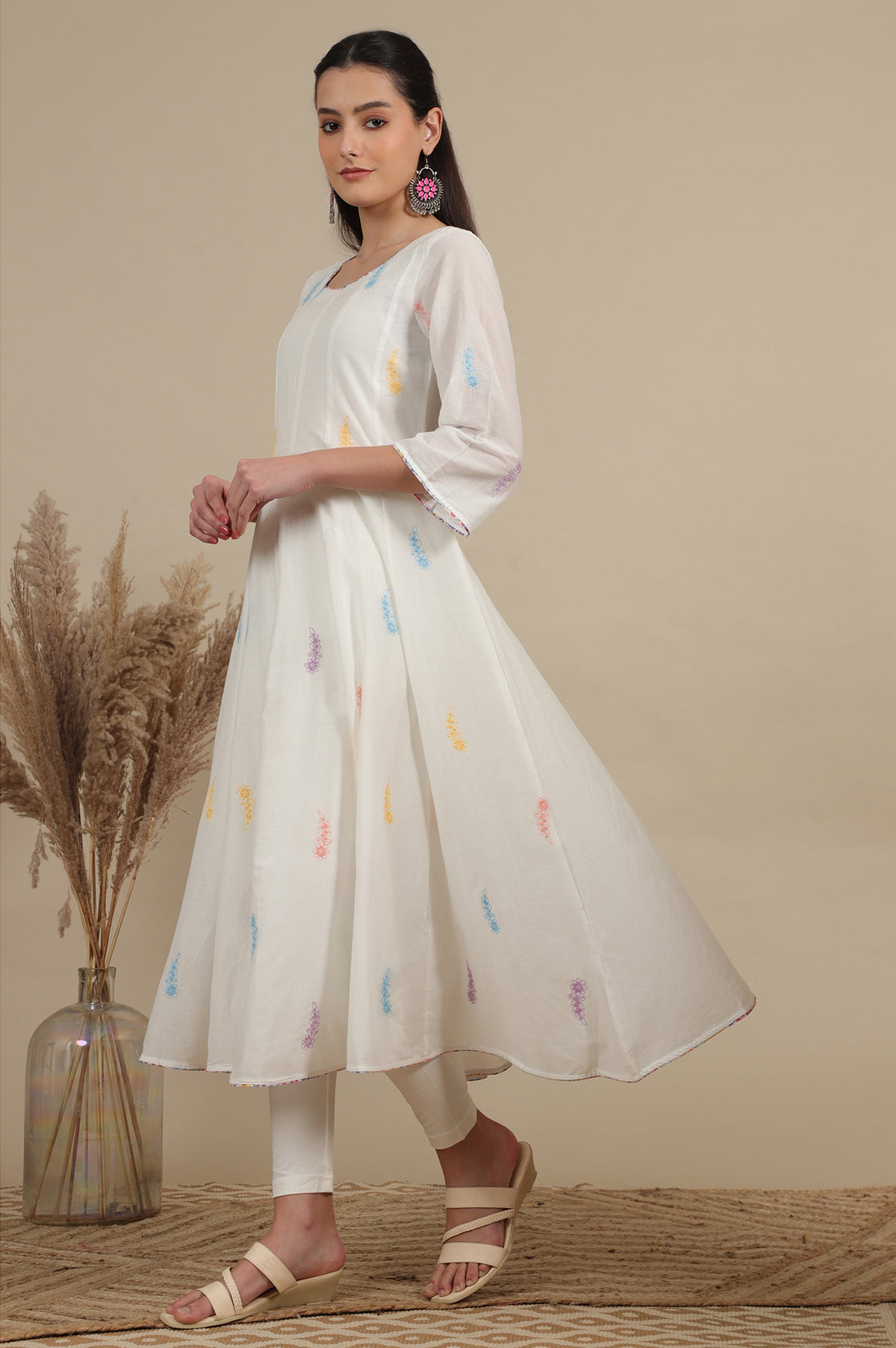 White Floral Thread Embroidered Pure Cotton Anarkali Kurta, Leggings and Dupatta Set