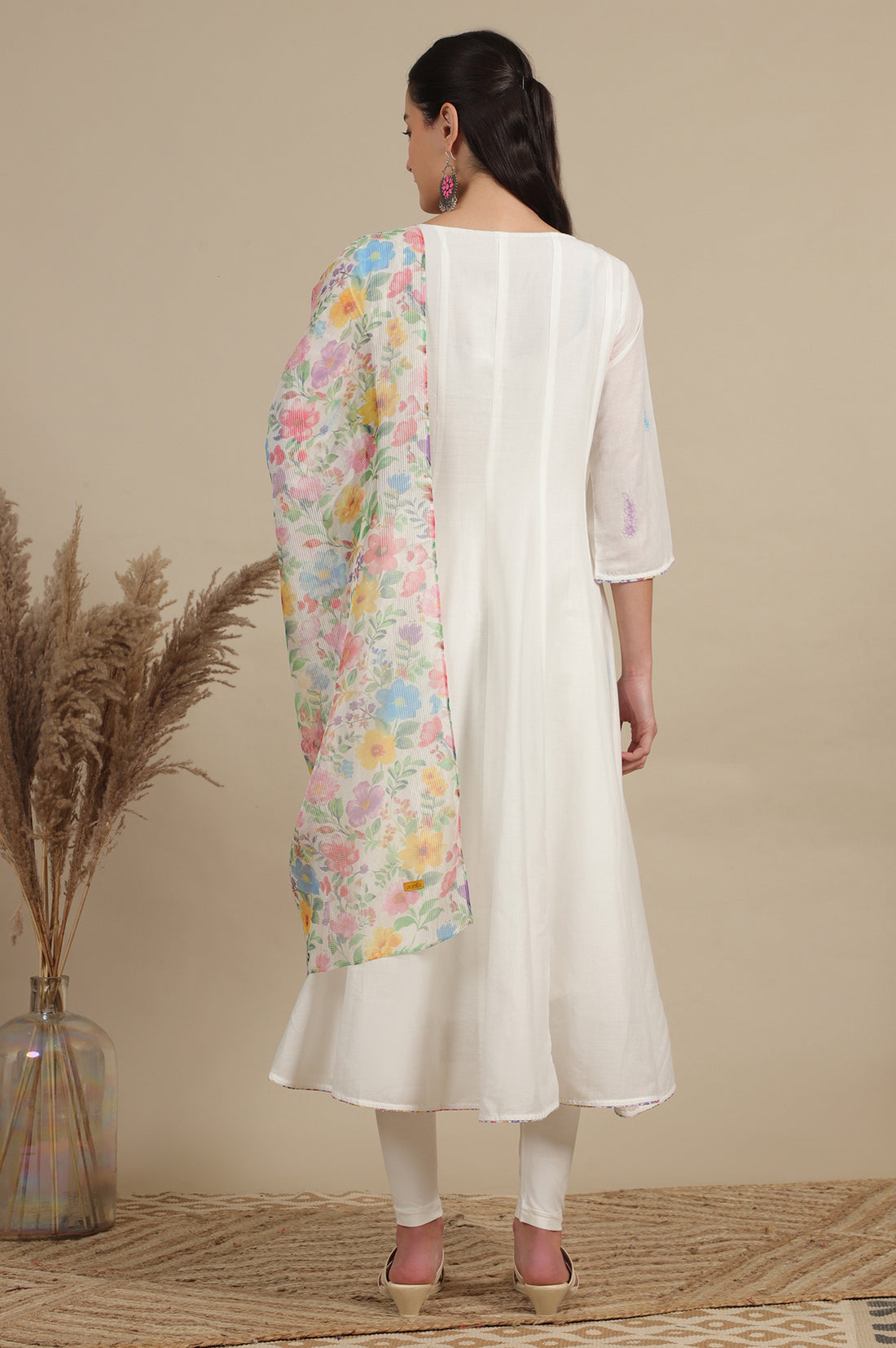 White Floral Thread Embroidered Pure Cotton Anarkali Kurta, Leggings and Dupatta Set