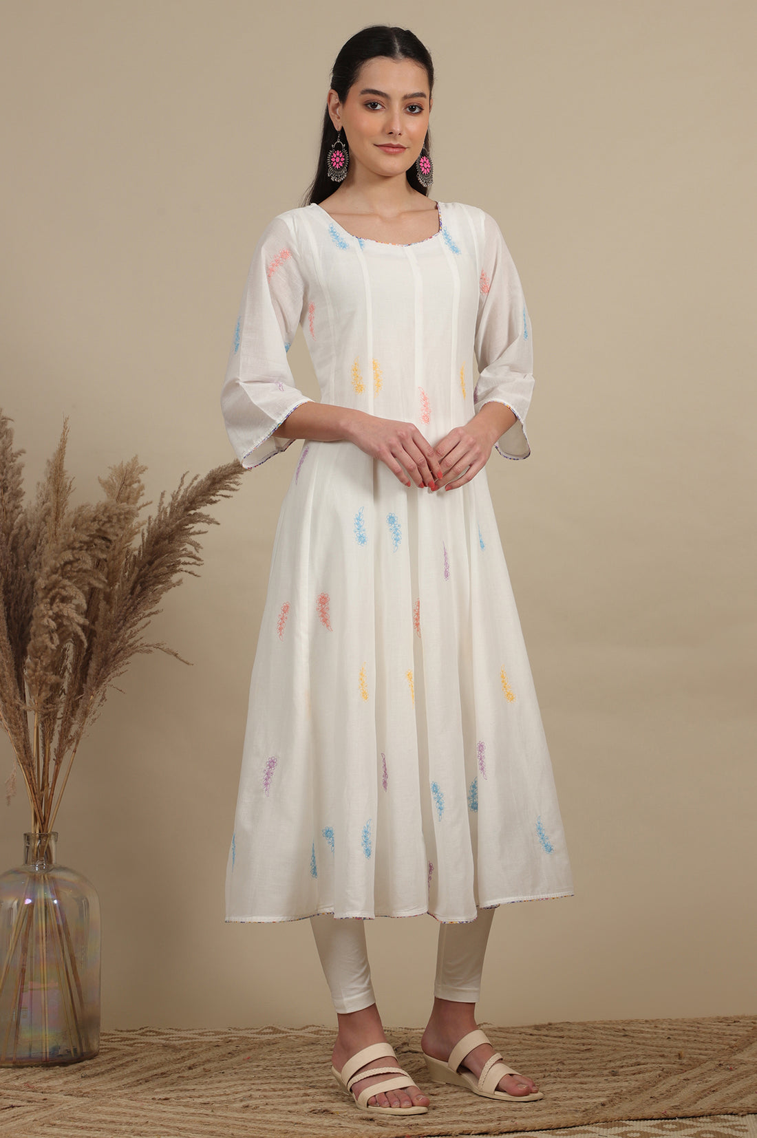 White Floral Thread Embroidered Pure Cotton Anarkali Kurta, Leggings and Dupatta Set