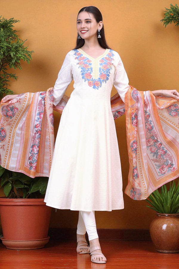 White Embroidered Anarkali Kurta, Leggings Set with Dupatta