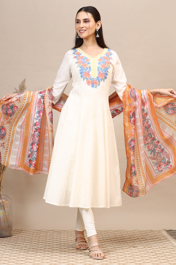White Embroidered Anarkali Kurta, Leggings Set with Dupatta