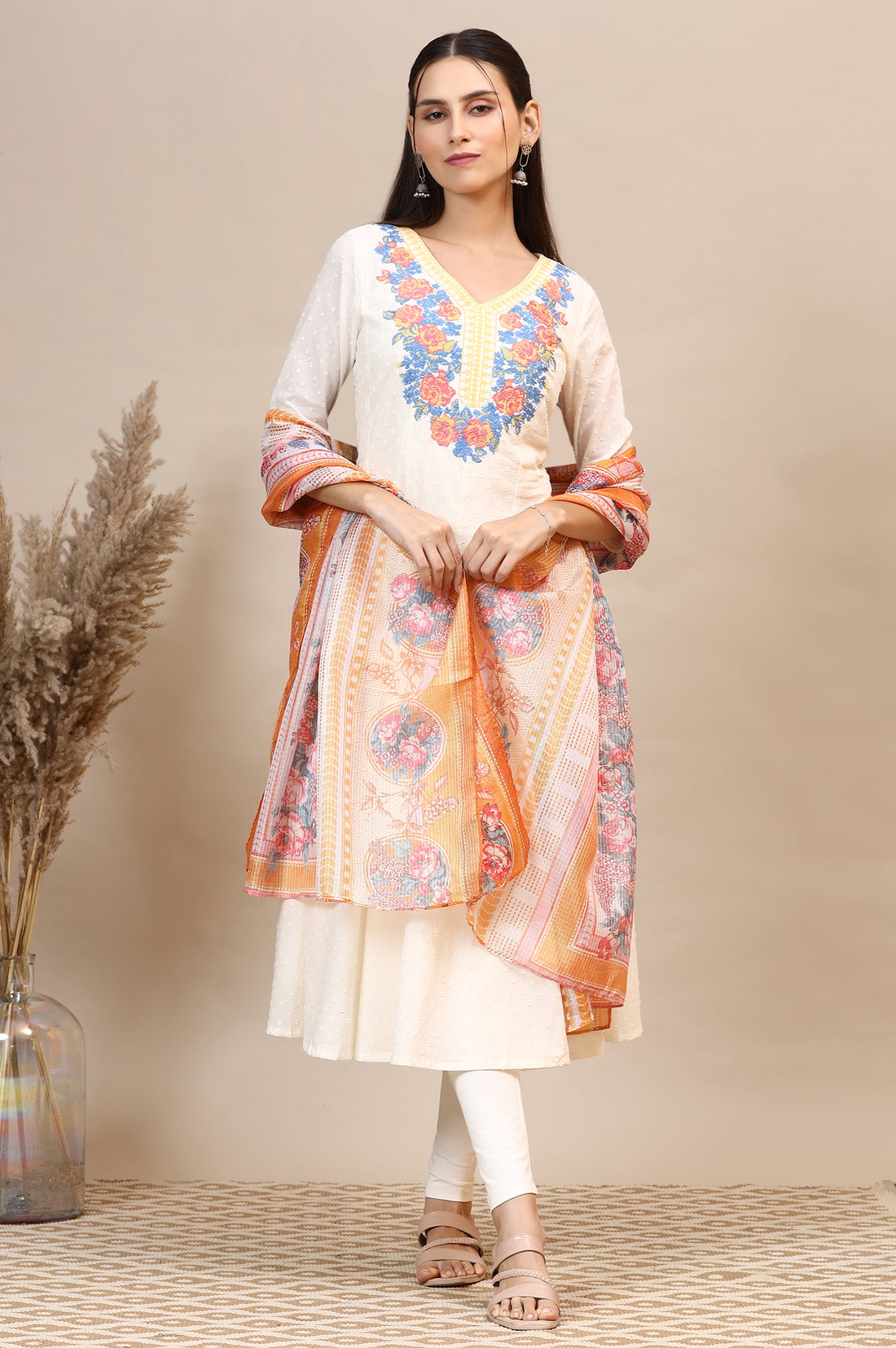 White Embroidered Anarkali Kurta, Leggings Set with Dupatta