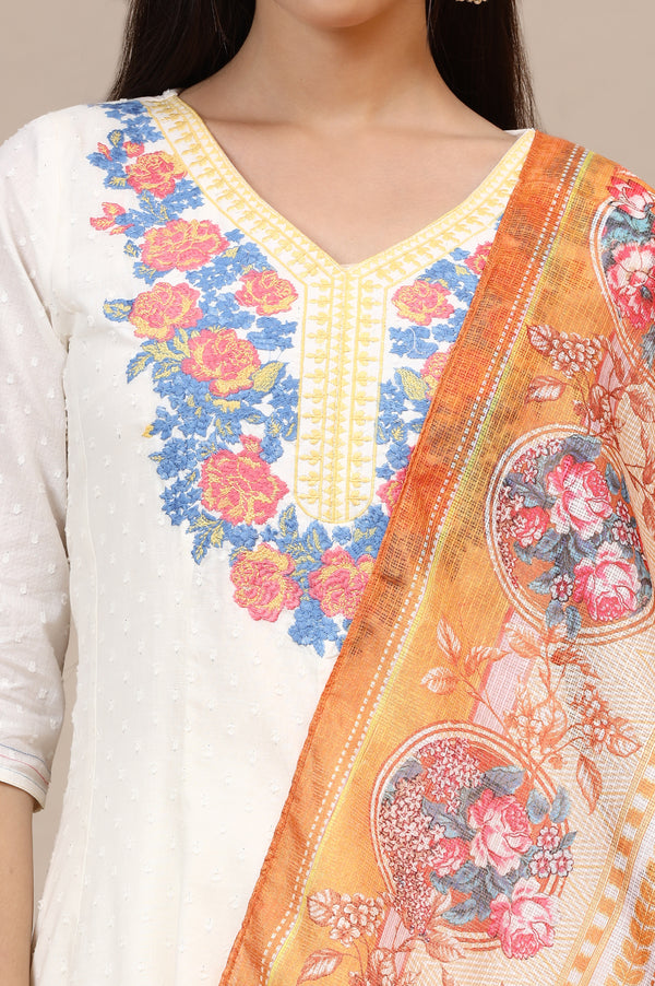 White Embroidered Anarkali Kurta, Leggings Set with Dupatta