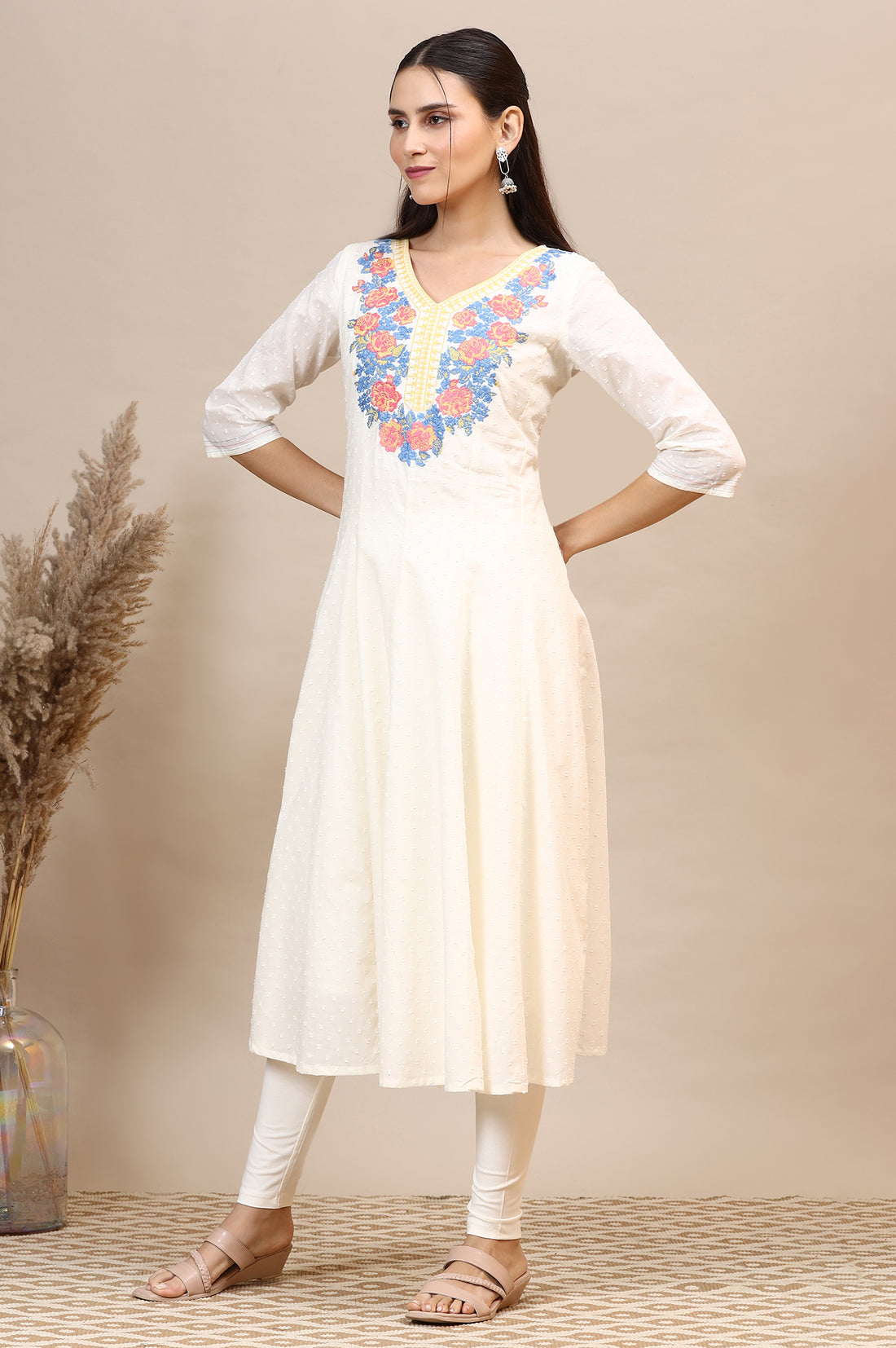 White Embroidered Anarkali Kurta, Leggings Set with Dupatta