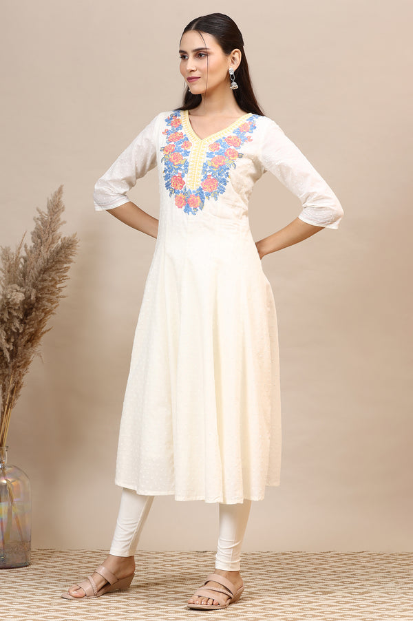 White Embroidered Anarkali Kurta, Leggings Set with Dupatta