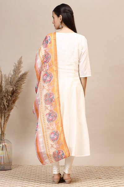 White Embroidered Anarkali Kurta, Leggings Set with Dupatta
