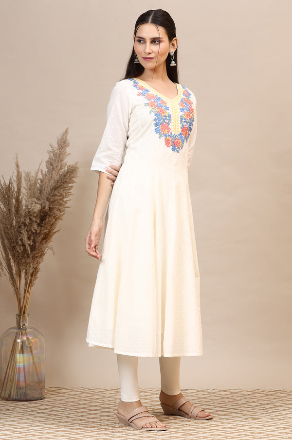 White Embroidered Anarkali Kurta, Leggings Set with Dupatta