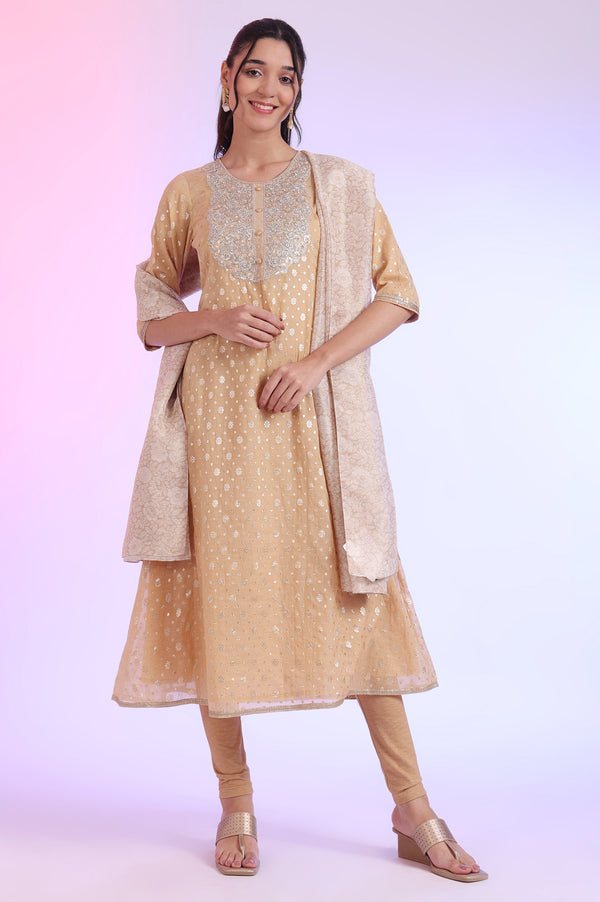 Beige Yarn Dyed Flarred Kurta with Leggings & Stole Set