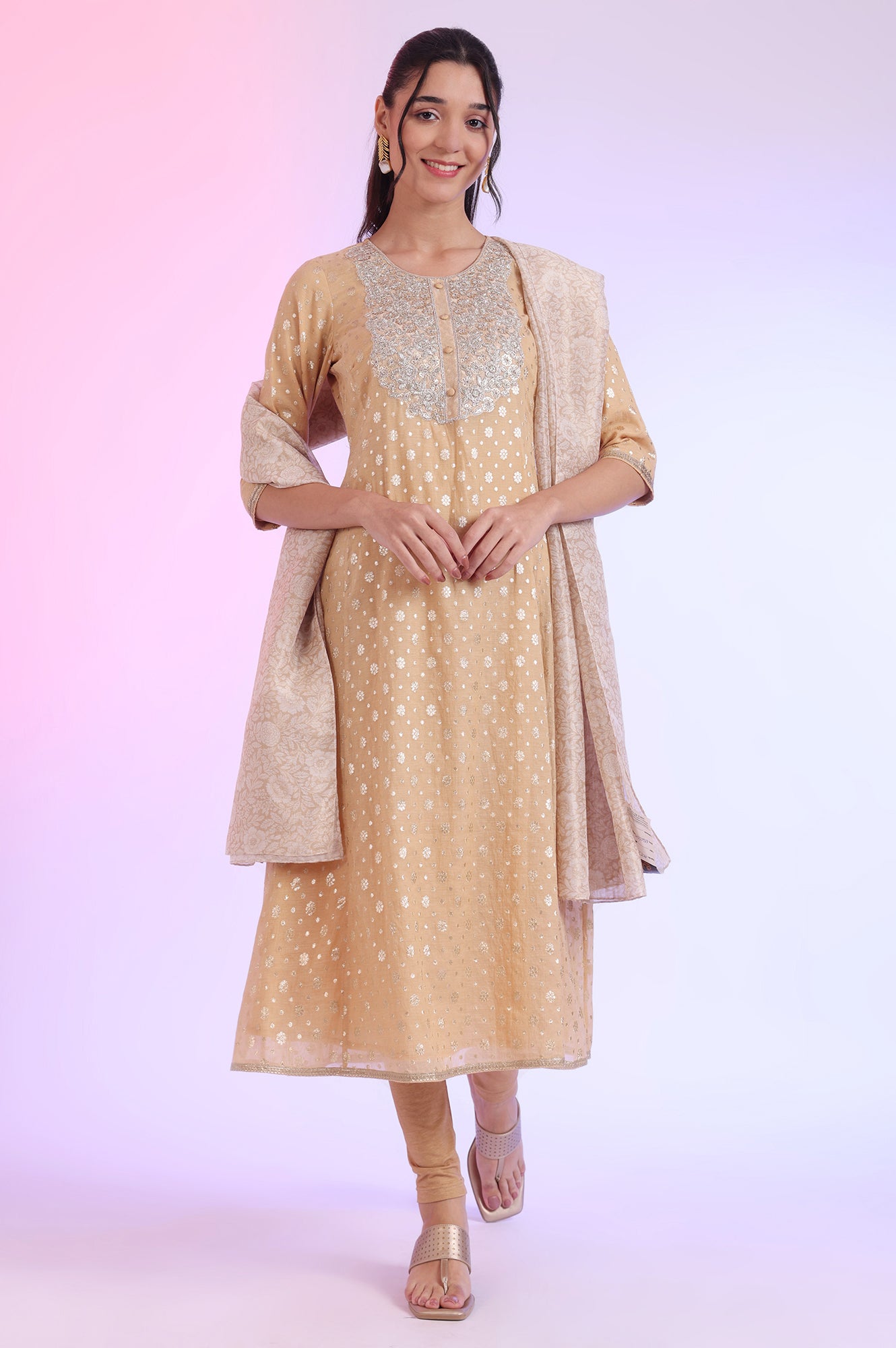 Beige Yarn Dyed Flarred Kurta with Leggings &amp; Stole Set