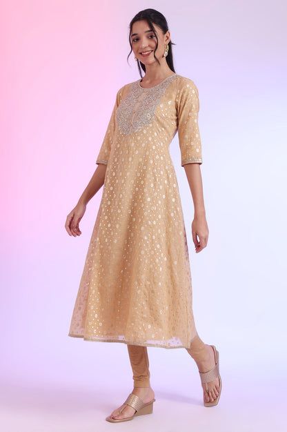 Beige Yarn Dyed Flarred Kurta with Leggings &amp; Stole Set