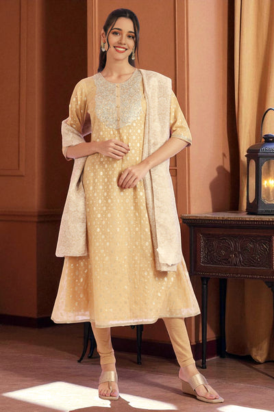 Beige Yarn Dyed Flarred Kurta with Leggings & Stole Set